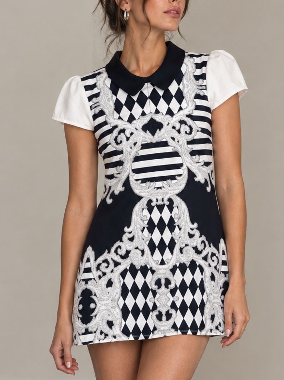 Spicy Girl Black & White Printed Embroidered Babydoll Dress Peter Pan collar Med